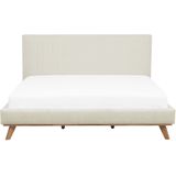 Tweepersoons bed beige 160 x 200 cm gestoffeerd frame geknoopt hoofdbord