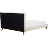 Tweepersoons bed beige 160 x 200 cm gestoffeerd frame geknoopt hoofdbord