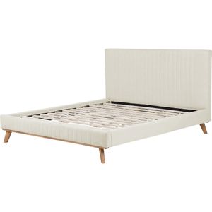 Tweepersoons bed beige 160 x 200 cm gestoffeerd frame geknoopt hoofdbord