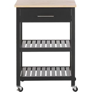 Keukenwagen zwart Rubberhout MDF 58 x 40 x 85 cm 2 planken besteklade flessenrek zwenkwielen