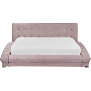 Gestoffeerd bed roze 160 x 200 cm linnen look met lattenbodem gebogen vorm gewatteerde naden op het hoofdbord verchroomde poten modern