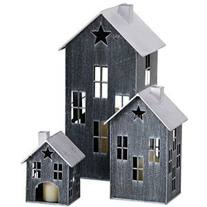 Metalen lantaarn in 3-delige set, 36/23/14 cm, zwart, decoratieve lantaarn in huisvorm met ster, kaarsenhouder, lampion, huizen voor binnen en buiten