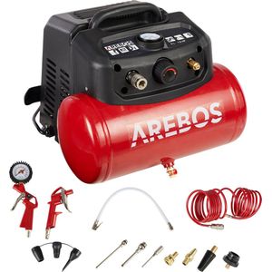 Arebos Persluchtcompressor luchtcompressor compressor | incl. 13-delig toebehoren | Compact | Persluchtcompressor | onderhoudsarm | automatische uitschakeling | extra lange luchtslang | olievrij | 6 L