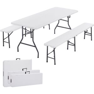 AREBOS Klaptafel met 2 Klapbanken - Inklapbare tafel - 182 x 74 x 74 cm - Opvouwbare Tuintafel - Vouwtafel - Inclusief handvat en 2 tafelkleden - max 8 Personen - Wit