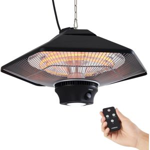 AREBOS Infrarood Heater - 2000W met afstandsbediening & LED verlichting - Elektrische Kachel met 3 standen - Terrasverwarmer buiten - Infraroodstralers - Terras Heater - Straalkachel - Terrasverwarmer Hangend