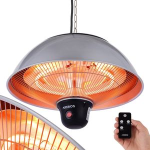 AREBOS Infrarood Heater - 1500W met afstandsbediening - Elektrische Kachel met 3 standen - Terrasverwarmer binnen & buiten - Infraroodstralers - Terras Heater - Straalkachel - Terrasverwarmer Hangend - Zilver