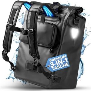 Büchel Uniseks 3-in-1 fietstas voor volwassenen, voor bagagedrager, rugzak en schouderriem, 22 liter, 100% waterdicht, zwart,