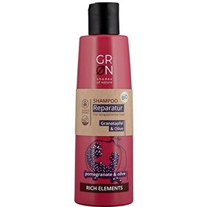GRN [GREEN] Bio Cosmetica Shampoo Reparatie Bio Olijf & Bio Granaatappel voor gestrest, beschadigd haar, veganistisch, 250 ml, rood