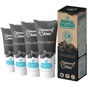 DENTAL DELIGHT Shimmery Shine 4-pack Tandpasta, Geactiveerde Houtskool Zoethout, Veganistische, Klimaatneutrale, Microplastic-Vij