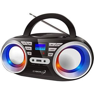 Draagbare cd-speler | led-discoverlichting | boombox | CD/CD-R | USB | FM-radio | AUX-ingang | hoofdtelefoonaansluiting | 20 geheugensleuven | kinderradio | CD-radio | compact systeem (zwart/zonnig