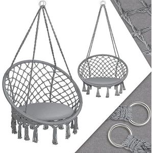 KESSER® Hangstoel 150kg met 2 stalen ringen zitkussen gevlochten franjes hangstoel hangmand schommelmand tuin binnen weerbestendig, waterafstotend, grijs
