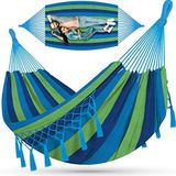 KESSER® Hängematte 300kg belastbar 320x150cm max. Belastbarkeit 300 kg 1-2 Personen atmungsaktiv Fransen wetterfest Camping Garten Tuchhängematte Blau