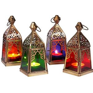 Oosterse lantaarns, set van 4 lantaarns, kleurrijk, 16 cm, Oosters windlicht van metaal en glas in 4 kleuren, Marokkaanse glazen lantaarn voor buiten, als tuinlantaarn, in groen, blauw, paars, oranje