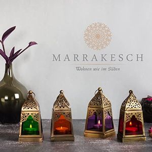 Marrakesch Orient & Mediterran Interior Basil Oosterse lantaarns, 4-delige set, kleurrijk, 16 cm, 4 x Oosters, Marokkaans windlicht van metaal en glas in 4 kleuren, oranje, blauw, paars en groen, geschikt voor buiten als tuinlantaarn