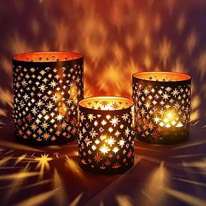 MARRAKESCH Set van 3 windlichten 14 cm groot, van metaal, Oosterse theelichthouder, Hamman, zwart koper, als tafeldecoratie