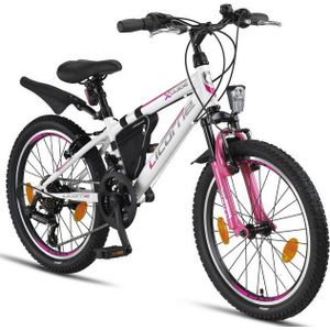 Licorne Bike Guide Premium mountainbike in 20 inch - fiets voor meisjes, jongens, heren en dames - 18 versnellingen - wit/roze