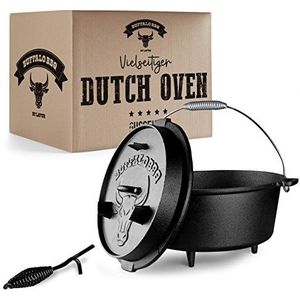 BUFFALO BBQ braadpan | ingebrande 7,5 l Dutch Oven van gietijzer | voor koken, braden en grillen | perfect voor camping | incl. deksellifter, draagtas & 2-in-1 gietijzeren deksel