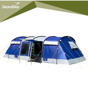 Skandika Montana 14 Sleeper Tent – Tunneltenten – Sleeper Technology (extra donkere slaapcabines) - Familietent – Voor 14 personen – Muggengaas – 2-4 slaapcabines – 200 cm stahoogte – 700x480x200cm (LxBxH) – 5000 mm waterkolom – Kamperen – blauw/wit
