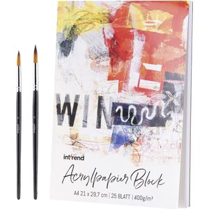 int!rend 25 vellen acrylpapier A4 - Wit papier 400 g/m² met rugbinding - Met 2 penselen - Voor acrylverf of aquarel verf - Voor tekenen en schilderen