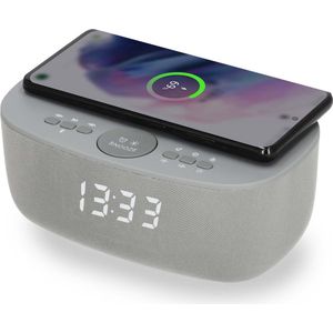 AIC 28BT Wekkerradio Digitaal met QI draadloze telefoonoplader - Ingebouwde Bluetooth speaker - USB - Grijs