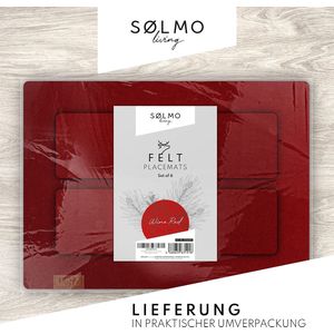 Sølmo Set van 12 hoogwaardige vilten placemats, 42 x 32 cm, afwasbaar, vilten onderzetters, onderzetters + glazen onderzetters, geschikt voor tafel van echt hout, rood