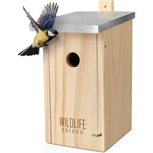 Wildlife Friend® Vogelhuisje van massief hout & metalen dak voor koolmezen & Co. - weerbestendig, onbehandeld, mezenkastje - invlieggat 32 mm