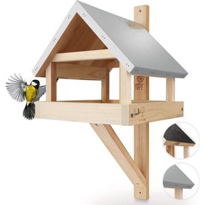 Wildtier Herz® Vogelhuisje XL, muurmontage, met metalen dak en massief houten wandvoederhuisje voor vogels - Weerbestendig