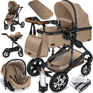 Kinderwagen - 3 in 1 - tevens buggy en autostoeltje - massieve rubberbanden - met accessoires- beige met zwart