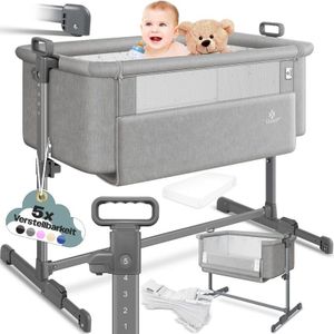KESSER® Ledikant / Co-Sleeper / Babybed / Co Sleeper Wieg Hubi 3in1 Reisbed Babybed met zachte matras, met wielen, 5-voudig in hoogte verstelbaar, inklapbare zijwand voor thuis en onderweg - Lichtgrijs