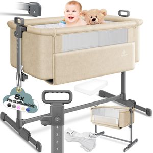 KESSER® Ledikant / Co-Sleeper / Babybed / Co Sleeper Wieg Hubi 3in1 Reisbed Babybed met zachte matras, met wielen, 5-voudig in hoogte verstelbaar, inklapbare zijwand voor thuis en onderweg - Beige