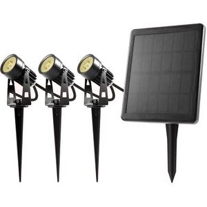 BOLD 19219 Set van 3 led-buiten-/tuinspots op zonne-energie (warm wit, verwisselbare Li-ion batterij, metalen haringen, IP65 waterdicht, 3 x 70 lumen, tot 11 uur looptijd)