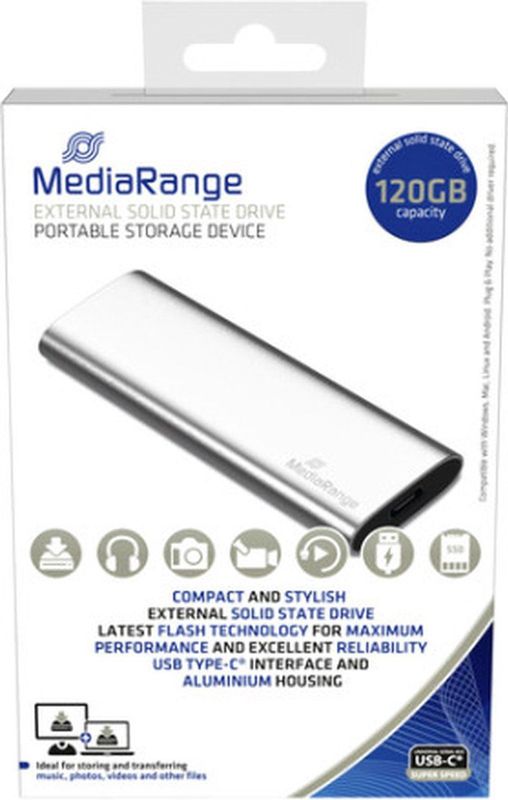 MediaRange - Externe SSD - 120GB - Zilver - USB Type-C - USB 3.2 Gen 2