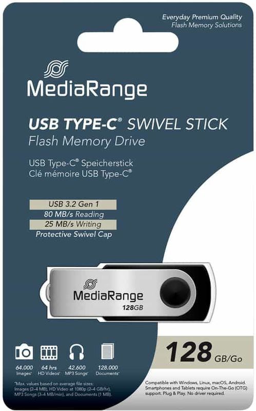 MediaRange - Swivel Stick - USB-stick - Zwart - 128 GB