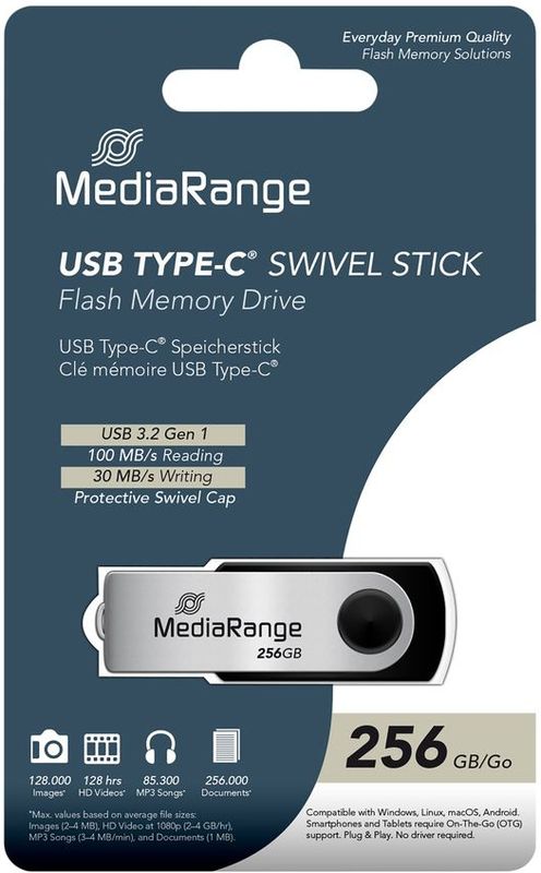 MediaRange - MR1955 - USB-stick - 256 GB - Zwart - Zilver