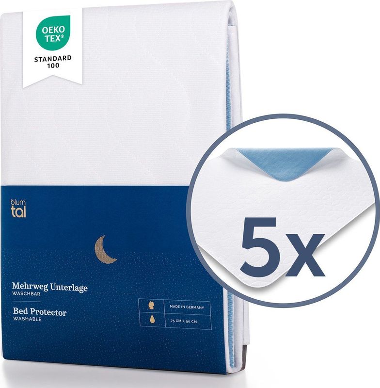 Blumtal Matrasbeschermer Baby - Waterdicht en wasbaar - Absorberende Matrasbeschermhoes -75 x 90cm - Wit - Blauw - Set van 5