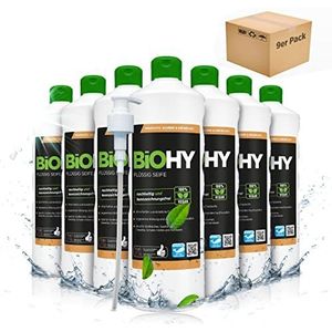 BiOHY Vloeibare zeep (9 x 1l Fles) | Huidvriendelijke, hydraterende & vloeibare handzeep | FOSFAATVRIJ | geurloze hygiëneook | geschikt voor het gezicht zonder parfum & kleurstoffen (Flüssig Seife)