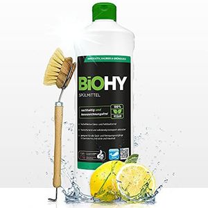 BiOHY Afwasmiddel (fles van 1 liter) + afwasborstel, biologisch afwasmiddel zonder schadelijke chemicaliën, vloeibare vetoplosser voor frisse glans, ideaal voor afwasmiddeldispenser, biologisch afbreekbaar