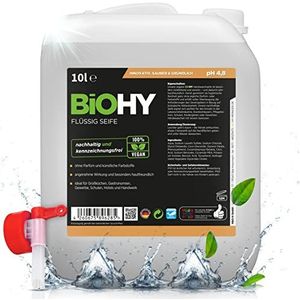 BiOHY Vloeibare zeep (10 Liter Busje) uitlaatkraan | Huidvriendelijke, hydraterende & vloeibare handzeep | FOSFAATVRIJ | geurloze hygiëneook | geschikt voor het gezicht (Flüssig Seife)