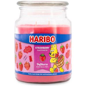 Haribo Geurkaars in glas met deksel, Strawberry Happiness, geurkaars fruitig, kaarsen lange brandduur (100 uur), roze kaarsen, geurkaars groot (510 g)