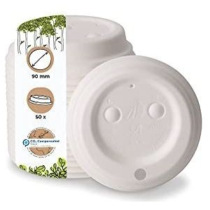 GREENBOX Kartonnen deksel met drinkopening, Coffee-to-go deksel, diameter 90 mm, wit, voor koffie-to-go papieren bekers, biologisch afbreekbaar en composteerbaar, koffiebeker met drinkgat, 50 stuks