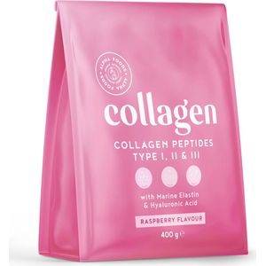 Alpha Foods Collageen poeder met Hyaluronzuur & Elastine - Collagen peptides type 1, 2 en 3 van weidebouw, Collagen drink zonder toevoegingen, Collageen supplement van 400 gram voor 26 shakes of porties, met Framboos smaak