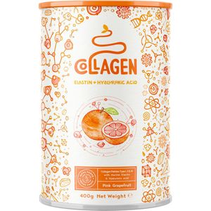 Alpha Foods Collageen poeder met Hyaluronzuur & Elastine - Collagen peptides type 1, 2 en 3 van weidebouw, Collagen drink zonder toevoegingen, Collageen supplement van 400 gram voor 26 shakes of porties, met Pompelmoes smaak