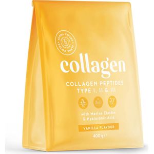 Alpha Foods Collageen poeder met Hyaluronzuur & Elastine - Collagen peptides type 1, 2 en 3 van weidebouw, Collagen drink zonder toevoegingen, Collageen supplement van 400 gram voor 26 shakes of porties, met Vanille smaak
