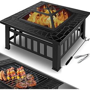 KESSER® Vuurplaats met grillrooster en grilltang, vuurschaal, 82 x 82 x 50 cm, 3-in-1 multifunctionele Fire Pit voor verwarming/barbecue, tuin, terras, metalen vuurkorf met beschermhoes, pookhaak,