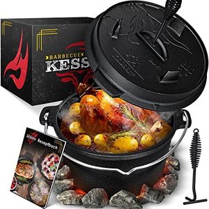 KESSER® Dutch Oven set, BBQ vuurpan, 4,2 liter, stoofpan met poten, gietijzeren pan met deksellifter hengsel en gleuf voor themormeter, kookketel, grillpan, goulashketel voor buiten en binnen