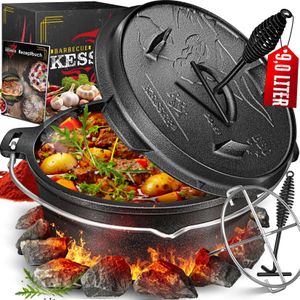 KESSER® Dutch Oven Gietijzeren Pan met Deksel voor Buiten & Binnen BBQ Multifunctionele Kookset - Barbecuepan Braadpan voor 2-5 personen met standaard - 9 Liter, Zwart