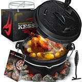 KESSER® Dutch Oven set, BBQ vuurpan, 12 liter, stoofpan met roestvrijstalen onderzetter, gietijzeren pan met deksellifter hengsel en gleuf voor themormeter, kookketel, grillpan voor buiten en binnen