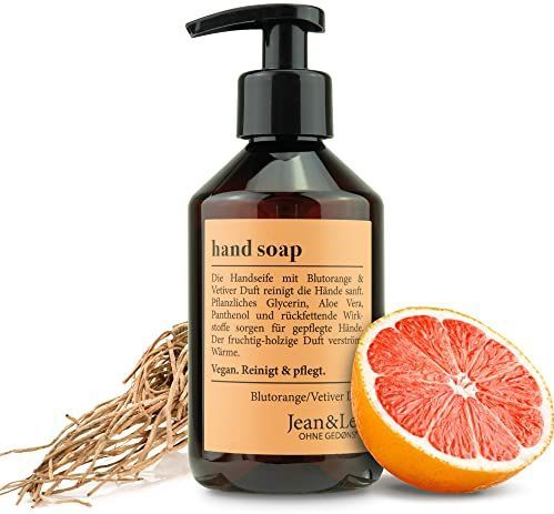 Jean & Len Handzeep Blood Orange & Vetiver, vloeibare zeep in pompdispenser voor schone en verzorgde handen, fruitig-bosachtige geur, zonder parabenen, siliconen & microplastics, veganistisch, 250 ml
