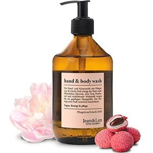 Jean & Len Hand- en lichaamswas Peony & Lychee, bloemige delicate geur, douchegel & zeep, zonder parabenen, siliconen & microplastics, veganistisch, glazen fles 500 ml