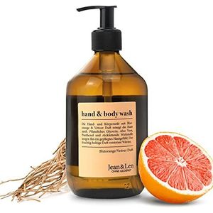 Jean & Len Hand- en lichaamswas Blood Orange & Vetiver, fruitig-bosachtige geur, douchegel & zeep, zonder parabenen, siliconen & microplastics, veganistisch, glazen fles 500 ml